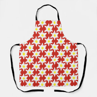 White Edelweiss Flowers Pattern in Red Apron