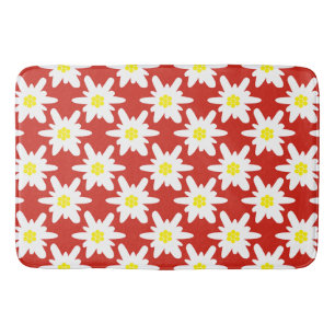 White Edelweiss Flowers Pattern in Red Bath Mat