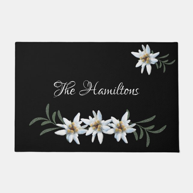 White Edelweiss On Black Doormat (Front)