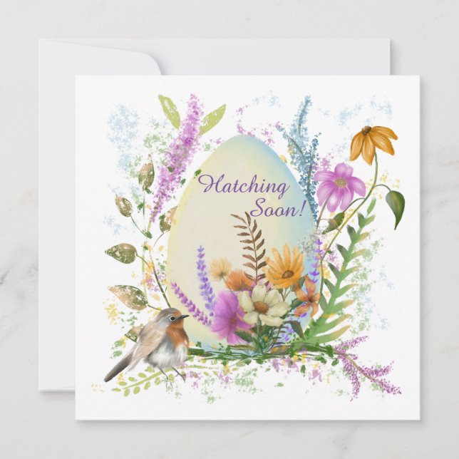 White egg small bird colourful flowers floral  invitation (Front)