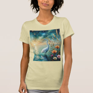 White Egret & flowers in water T-Shirt