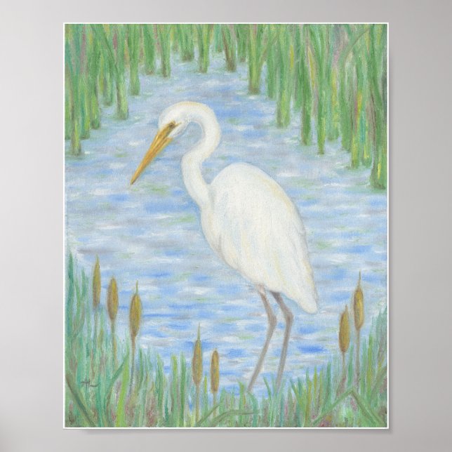 White Egret in Cattail Marsh art print (Front)