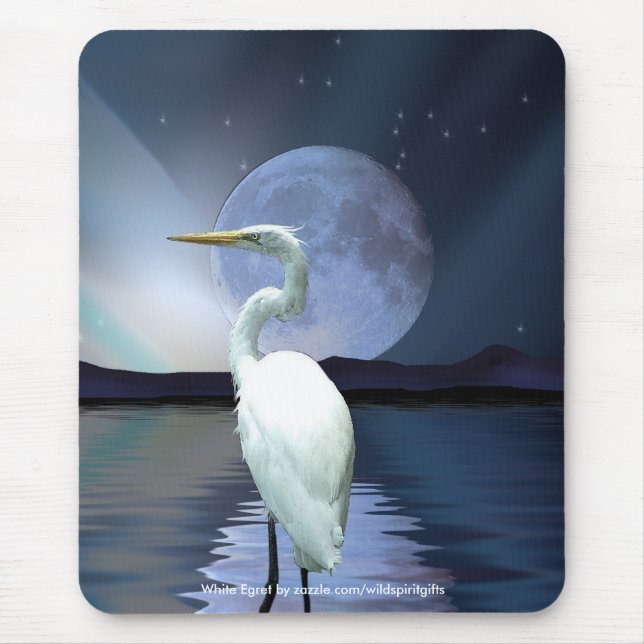 WHITE EGRET, MOON & AURORA Mousepad (Front)