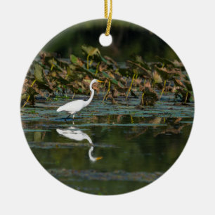 White Egret Reflection Ceramic Tree Decoration