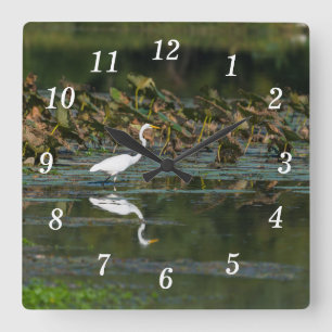 White Egret Reflection Wall Clock