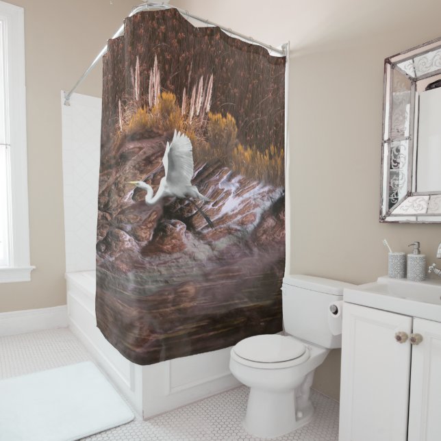 White Egret THE LAKE IS LIFE Shower Curtain (In Situ)