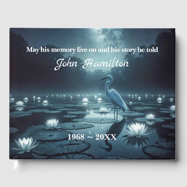White Egret With Water Lilies Memorial Service Guest Book (Front)