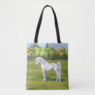 White Egyptian Arabian Horse in Summer Pasture Tote Bag