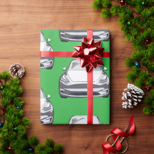 White Electric Vehicle SUV Car Green Background Wrapping Paper