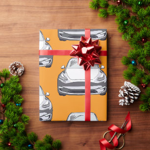 White Electric Vehicle SUV Car Orange Background Wrapping Paper