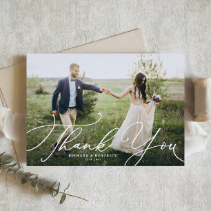 White Elegant Beatrice Script Wedding Photo Thank You Card