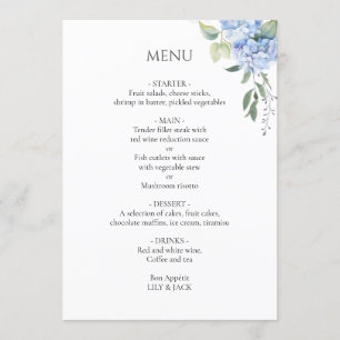 White   Elegant Blue Beige Hydrangea Wedding Menu