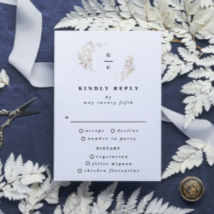 White Elegant Botanical Monogram Wedding RSVP Card