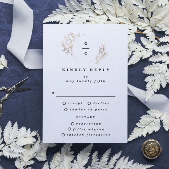 White Elegant Botanical Monogram Wedding RSVP Card (Creator Uploaded)