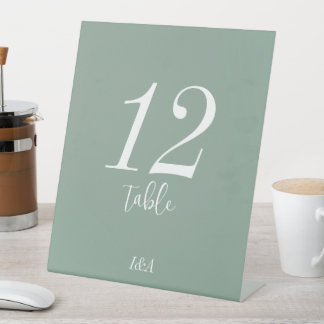 White Elegant Calligraphy Numbers on Sage Green  Pedestal Sign