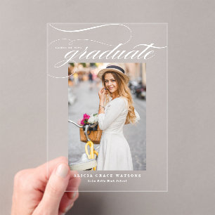 White Elegant Calligraphy Photo Graduation Acrylic Invitations