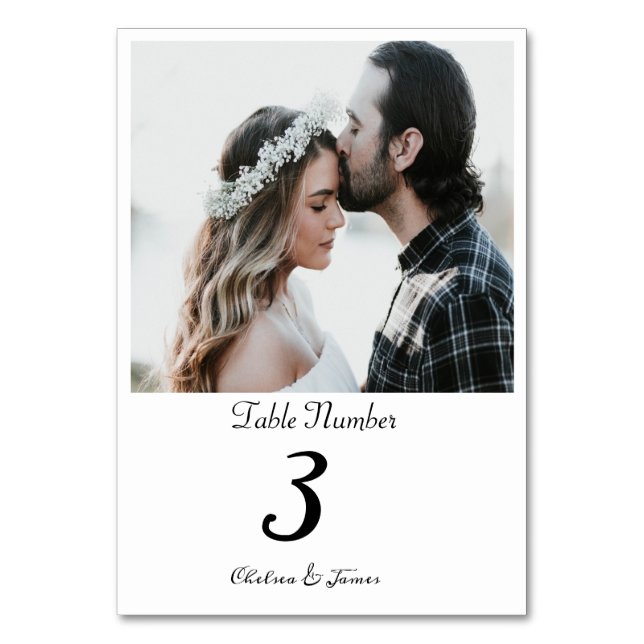 White Elegant Calligraphy Photo Wedding Custom Table Number (Front)