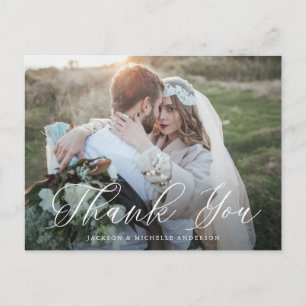 White Elegant Calligraphy Photo Wedding Thank You Postcard