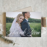 White Elegant Calligraphy Wedding Photo Thank You Card<br><div class="desc">Send thanks to family and friends for being part of your special day with this customisable thank you card. It features an elegant calligraphy and classic typography. You can personalise this elegant wedding thank you card by adding your details. This photo wedding thank you card is available in other colours...</div>