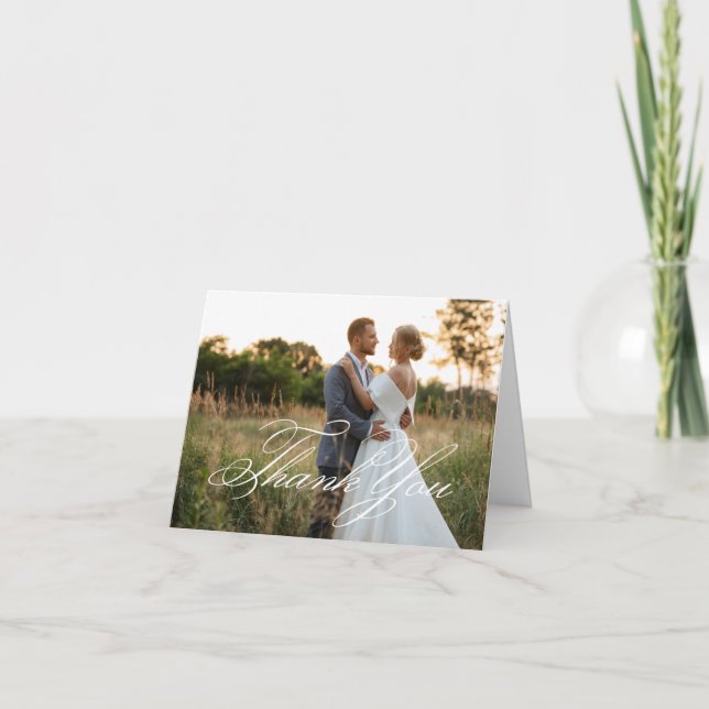 White Elegant Classic Script Wedding Photo Thank You Card (Front)