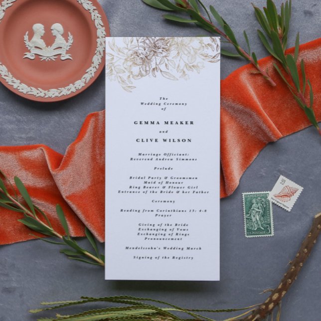 White Elegant Drawn Botanical Wedding Ceremony Programme (Creator Uploaded)