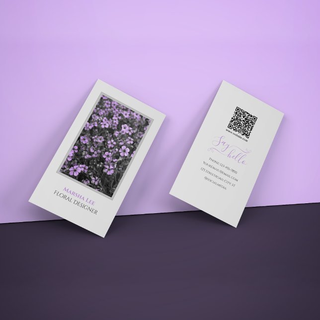 White Elegant Floral Business Card with QR Code (Creator Uploaded)