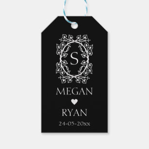 White Elegant Floral Frame Monogram Heart Gift Tags