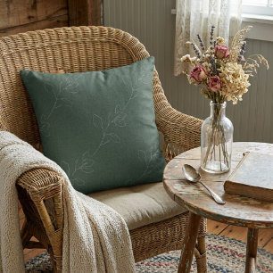 White Elegant Floral Modern Wool Dark Green Cushion