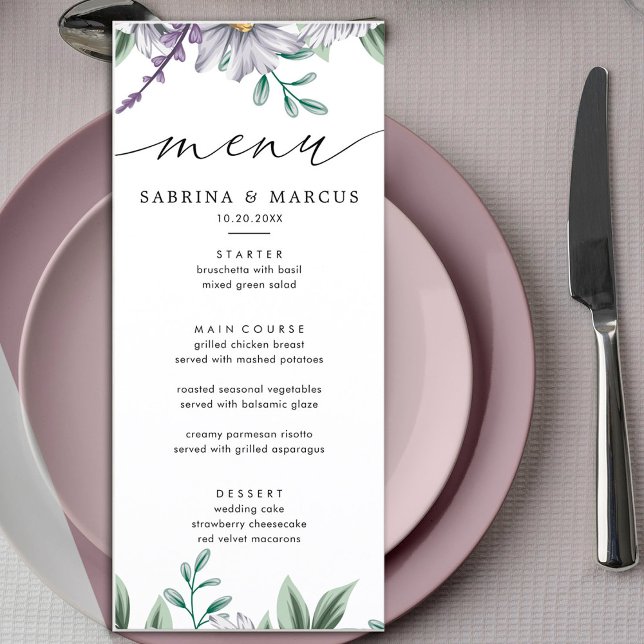 White Elegant Floral Personalised Wedding  Menu (Creator Uploaded)