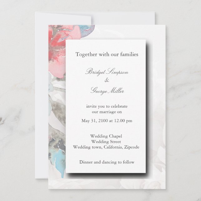 white elegant Floral watercolor rose wedding Invitation (Front)