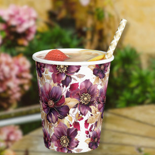 White Elegant Gold Burgundy Floral pattern Paper Cups