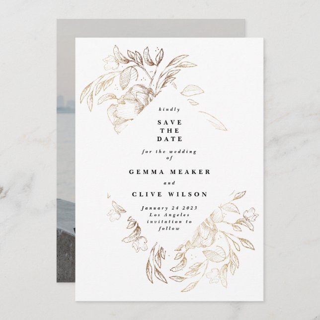 White Elegant Hand Drawn Botanical Wedding Photo Save The Date (Front/Back)