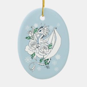 White Elegant Ice Dragon Blue Roses Fantasy Ceramic Tree Decoration