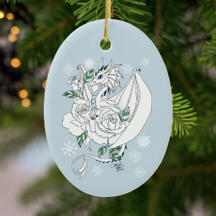 White Elegant Ice Dragon Blue Roses Fantasy Ceramic Tree Decoration