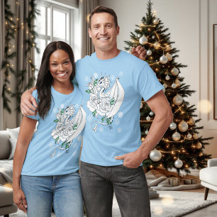 White Elegant Ice Dragon Blue Roses Fantasy T-Shirt