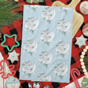 White Elegant Ice Dragon Blue Roses Fantasy Tea Towel