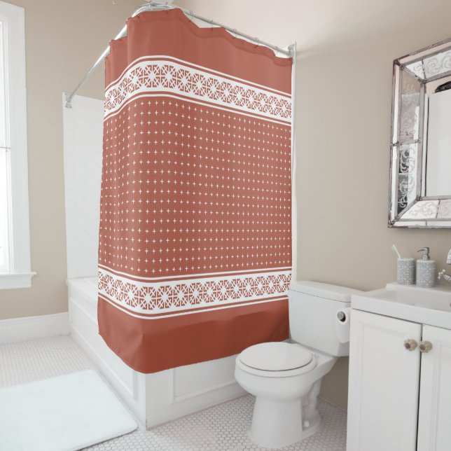 White Elegant Luxury Geometric Pattern Terracotta Shower Curtain (In Situ)