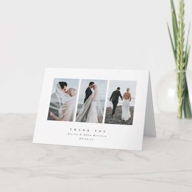 White Elegant Minimal Triple Photo Wedding Thank You Card (Front)