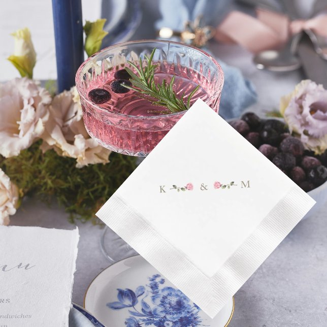 White Elegant Pink Rose Personalised Initials Napkin (Creator Uploaded)