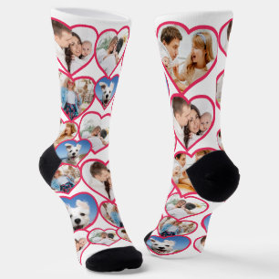 White Elegant Red Heart Pattern 5 Photo Collage Socks