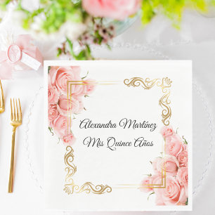 White Elegant Rose Flower Gold Quinceañera Napkin