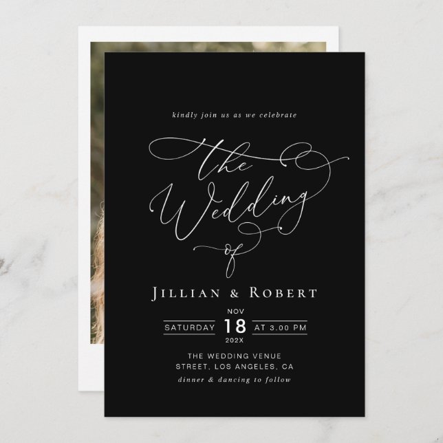 white elegant script modern black wedding invitation (Front/Back)