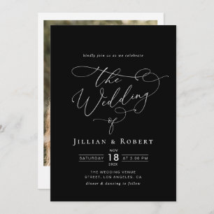 white elegant script modern black wedding invitation