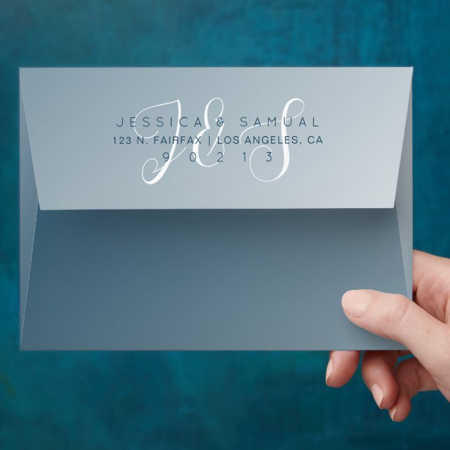 White Elegant Script Monogram on Blue Ombre Envelope (Hand)
