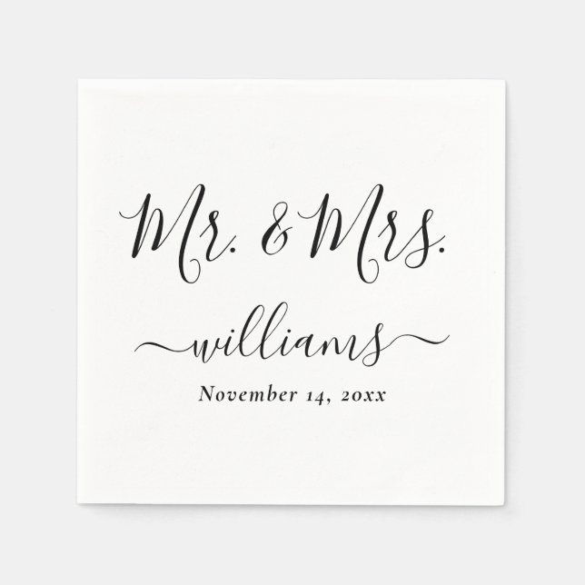 White Elegant Script Mr. and Mrs. Wedding Napkin (Front)