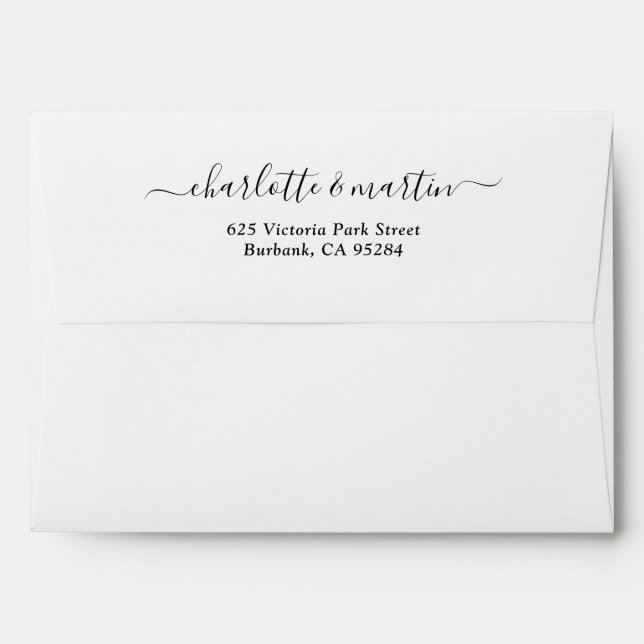 White Elegant Script Return Address Wedding A7 5x7 Envelope (Back (Top Flap))