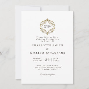 White Elegant Simple Gold Frame Initial Wedding Invitation