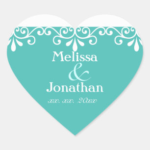 White Elegant Swirls Wedding Save the Date Teal Heart Sticker