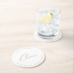 White Elegant Wedding Cheers Round Paper Coaster<br><div class="desc">Elevate your wedding decor with our White Elegant Wedding Cheers Coasters. These round paper coasters combine sophistication and celebration, adding a touch of elegance to every toast. Designed to coordinate with for the «Chloe» Wedding Invitation Collection. View the collection link on this page to see all of the matching items...</div>