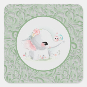 White Elephant Boy or Girl Green Cute Square Sticker